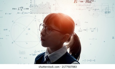 Science technology concept. Studying asian little girl. Education. EdTech.
