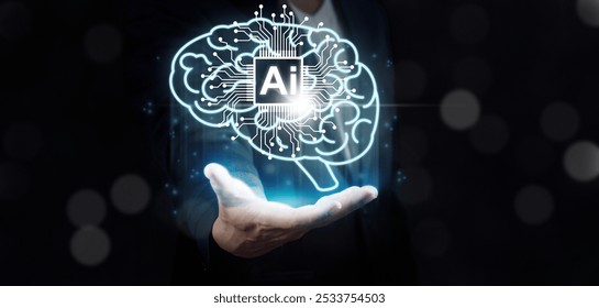 Science, technology of deep learning, Machine learning, AI Chat. Businessman uses the brain of artificial technology to create strategies and plan business in the digital technology of future. 