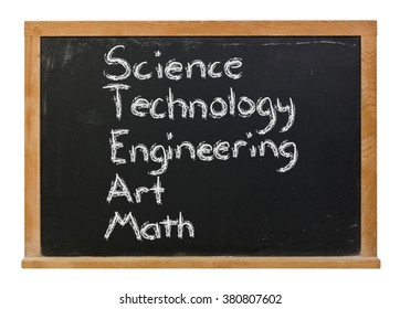 Science Technology Engineering Art Math Written In White Chalk On A Black Chalkboard Isolated On White