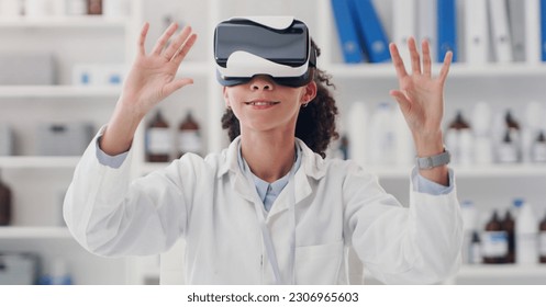Science, virtual reality and metaverse with woman in laboratory for research, pharmacy and technology. Future, 3d and medical with scientist and headset for cyber, healthcare and digital development - Powered by Shutterstock