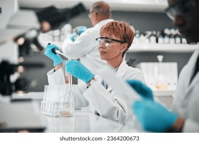 Science, woman and research with medical, test and data analysis with vaccine development, review sample and dna. Person, scientist and employee with laboratory equipment, healthcare and chemistry