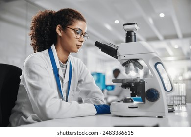 Science, woman and research with microscope in lab for investigation, development and bacteria test. Scientist, innovation and biotech with planning for stem cell study, exam or growth in vaccinology - Powered by Shutterstock