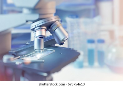 Scientific background with closeup on light microscope and laboratory out of focus. This image is toned. Shallow DOF, focus on the slide glass.