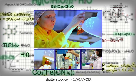 Scientific Background Photo Collage. Collage of Photographs Showing Researchers Working in a Laboratory Over Background with Chemical Formulas. Laboratory Testing.