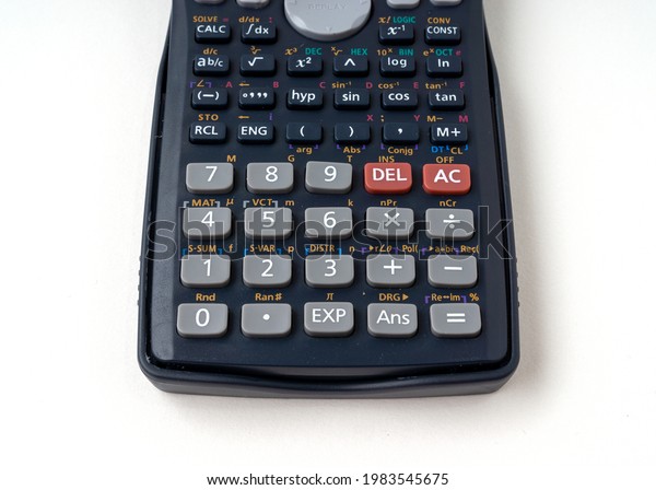 Scientific\
calculator isolated on white\
background.