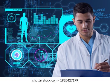 Scientific Data Processing With Human Body And Scope Scanning With Male Doctor Writing. Global Medicine Science And Technology Concept Digitally Generated Image.