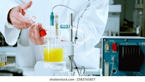 Scientific data processing image over laboratory equipment and scientist in white coat. Science, research, technology, digital, experiment, analysis - Powered by Shutterstock - Get 15% off with code: PIKWIZARD15