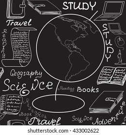 Scientific educational vector seamless endless texture with globe, books, copybooks, words and letters - Shutterstock ID 433002622
