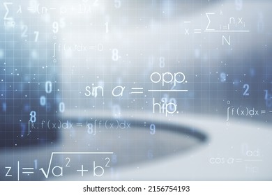 Scientific formula hologram on empty classroom background, research concept. Multiexposure