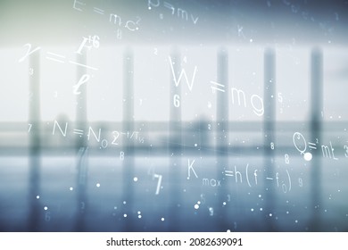 Scientific formula illustration on modern interior background, science and research concept. Multiexposure