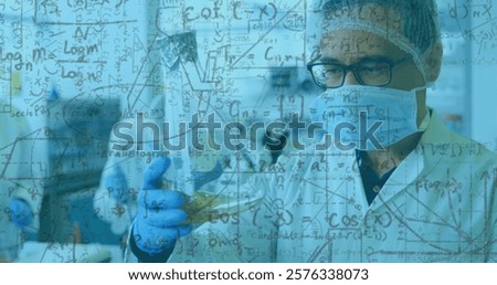 Scientific formulas and equations image over scientists conducting experiments in laboratory. Science, research, chemistry, biology, physics, innovation