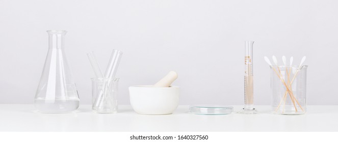 Scientific Laboratory Glassware With Mortar And Pestle, Medical Research And Development Concept, Panoramic Header Banner.