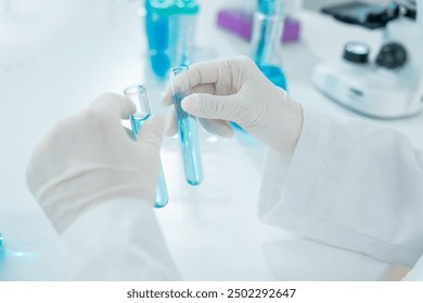 Scientist analyze biochemical sample in advanced scientific laboratory. Medical professional check chemical mix microbiological developmental of viral. Biotechnology research in science lab. cosmetic