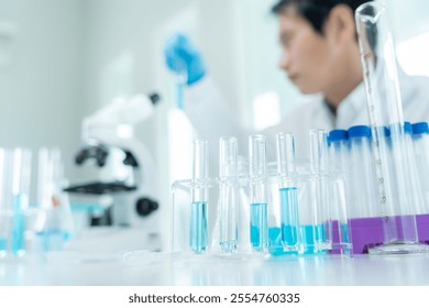 Scientist analyze biochemical sample in advanced scientific laboratory. Medical professional check chemical mix microbiological developmental of viral. Biotechnology research in science lab. cosmetic