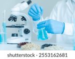 Scientist analyze biochemical samples in advanced scientific laboratory. Medical are mixing chemicals to test physical properties of cosmetic. develop viral. Biotechnology research in science lab.