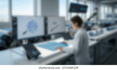 Scientist analyzing data on a computer in a modern laboratory with blurred background.