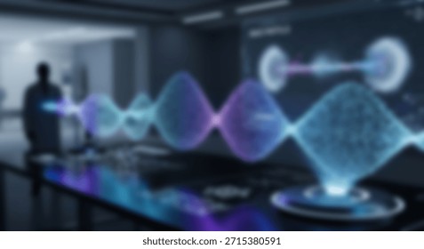 Scientist analyzing data visualization of sound waves in futuristic lab setting.