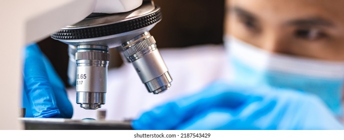 Scientist Analyzing Microscope Slide At Laboratory. Young Woman Technician Is Examining A Histological Sample, A Biopsy In The Laboratory Of Cancer Research