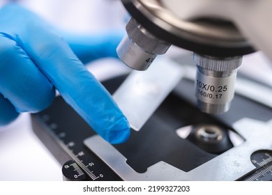 Scientist Analyzing Microscope Slide At Laboratory. Young Woman Technician Is Examining A Histological Sample, A Biopsy In The Laboratory Of Cancer Research