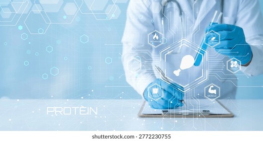 Scientist analyzing protein structure using digital tablet with futuristic technology interface and lab gloves