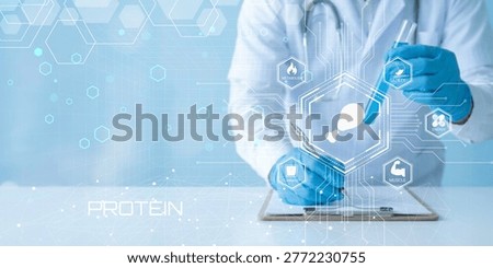 Scientist analyzing protein structure using digital tablet with futuristic technology interface and lab gloves