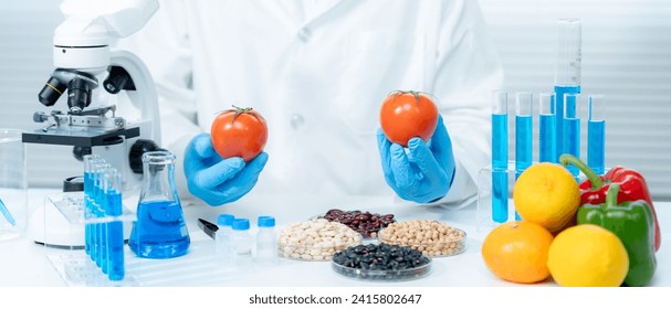Scientist check chemical food residues in laboratory. Control experts inspect quality of fruits, vegetables. lab, hazards, ROHs, find prohibited substances, contaminate, Microscope, Microbiologist

