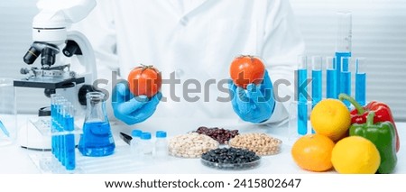 Scientist check chemical food residues in laboratory. Control experts inspect quality of fruits, vegetables. lab, hazards, ROHs, find prohibited substances, contaminate, Microscope, Microbiologist
