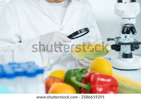 Scientist check chemical food residues in laboratory. Control experts inspect quality of fruits, vegetables. lab, hazards, ROHs, find prohibited substances, contaminate, Microscope, Microbiologist