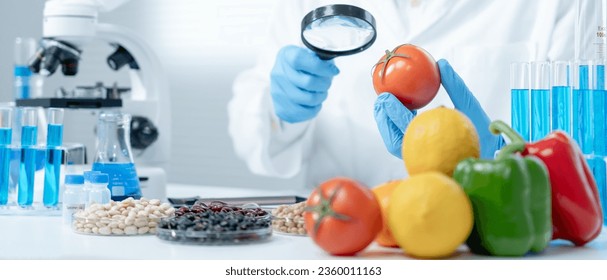 Scientist check chemical fruit residues in laboratory. Control experts inspect the concentration of chemical residues. hazards, standard, find prohibited substances, contaminate, Microbiologist