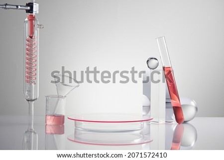 Scientist with chemical reaction in chemistry laboratory. close up of scientist making research in lab in white background , red water in test tube and blank space for advertising , front view
