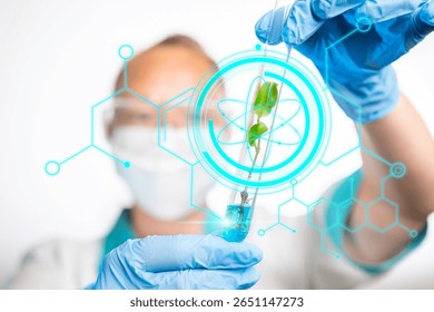 Scientist conducting plant research with test tube and digital graphics in laboratory setting