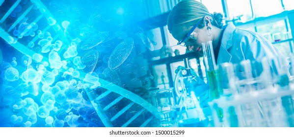 Scientist Conducting Research In A Lab Environment.Analyze Chemical Formulas,biological Test Results A New Formula For Treating Disease In Laboratory.science And Technology Concept.