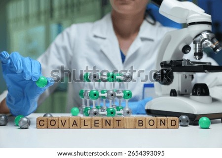 A scientist demonstrates covalent bonds using a detailed molecular model in a lab, enhancing understanding