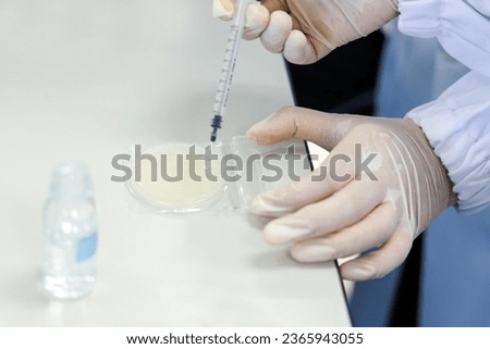 Scientist distilled solvent water for cultivate E.Coli and Coliform to compact dry testing clinical samples in laboratory. Lab scientific equipment for culture media biological petri dish. 