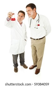 Scientist And Doctor Going Over Laboratory Test Results Together.  Full Body Isolated.