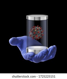 Scientist doctor hand hold a Coronavirus molecule isolated inside a tech glass capsule.