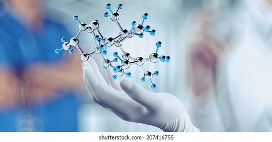 Scientist Doctor Hand Holds Virtual Molecular Structure In The Lab As Concept