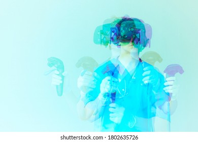 Scientist doctor wear VR goggle motion graphic, AR technology health care research. Future digital technology futuristic background.