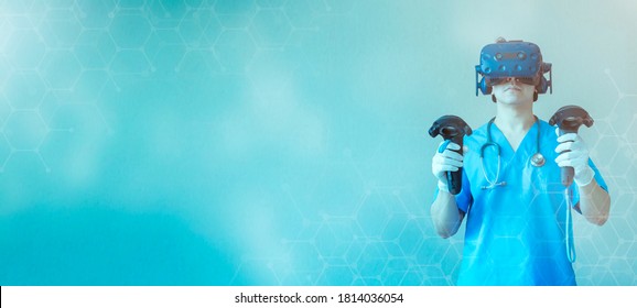 Scientist doctor wear VR goggle motion graphic, AR technology health care research. Future digital technology futuristic background.