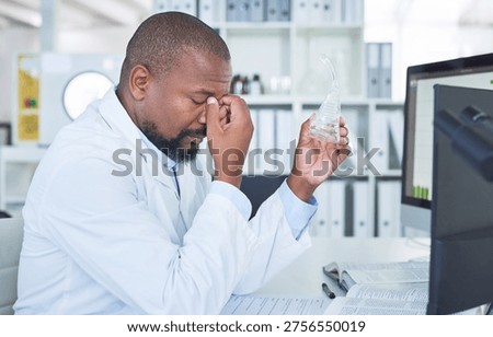 Scientist, documents or headache with beaker in lab for chemical failure, method error or innovation. Chemistry container, PC and mature black person with stress for research, medical study or crisis