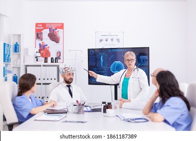 Scientist doing brain analysis using headset with sensors on doctor in hospital meeting room. Monitor shows modern brain study while team of scientist adjusts the device.