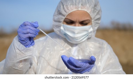 Scientist Or Ecology Expert In Protective Costume With Test Tube Taking Probe For Quality Control. Scientific Research On Environmental Protection.