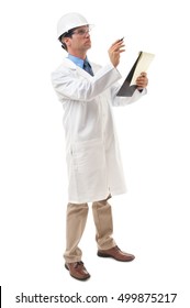 Scientist engineer inspector in lab coat hard hat and safety glasses with clipboard isolated on white backgroundd