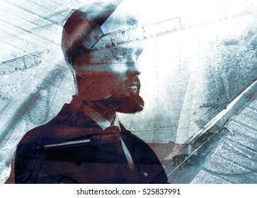 Scientist Engineer Man Concept Portrait. Serious Male Face With Silhouettes Of Aircraft, Spaceship And Rough Metal Texture. Double Exposure Technique.