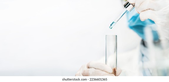 scientist with equipment and science experiments laboratory glassware containing chemical liquid. Health care researchers working in life science laboratory analyzing microscope slides in research lab