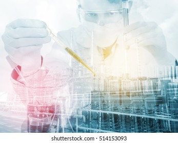 Scientist With Equipment And Science Experiments ,Laboratory Glassware With Petrochemical Plant Background.