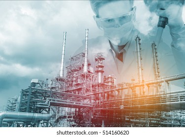 Scientist With Equipment And Science Experiments ,Laboratory Glassware With Petrochemical Plant Background.