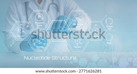 Scientist examining glowing hexagonal molecular structures of DNA building blocks like Cytosine Guanine Thymine Adenine Sugar and Phosphate Group representing nucleotide structure in a laboratory setting with a subtle heartbeat waveform graphic in the background