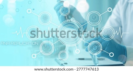 Scientist examining RNA replication process with futuristic medical technology and networked molecular diagrams