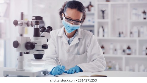 Scientist face mask, woman writing and lab worker with medical research in a clinic. Data work, planning and working of a young female employee with a notebook and microscope results for science - Powered by Shutterstock